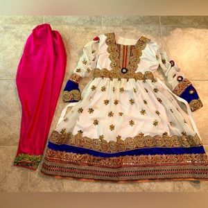 Elegant White and Blue Embroidered Dress